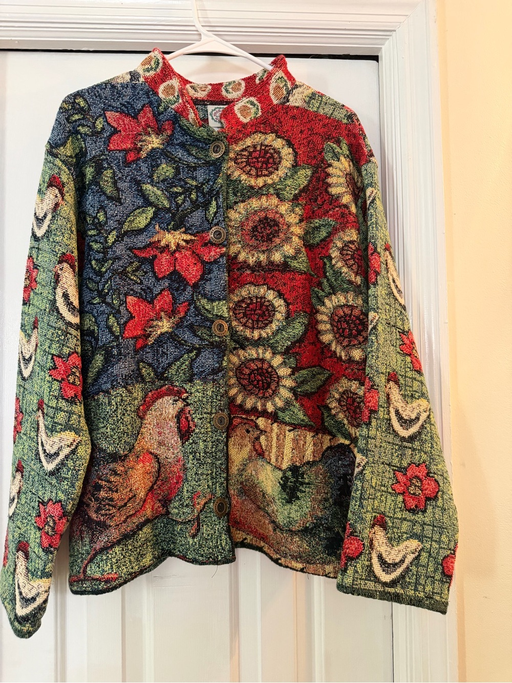 Sugar Street Weavers Vintage Colorful Floral & Rooster Tapestry Cardigan- size L